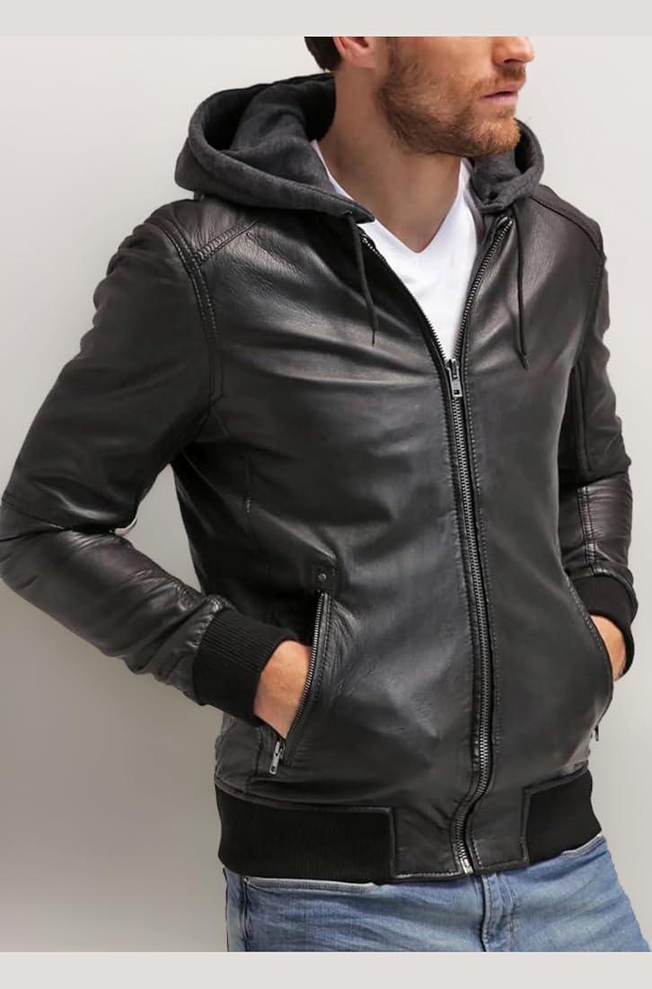 Buy Luis Leather Men's Genuine Leather Bomber Jacket with Hoodie